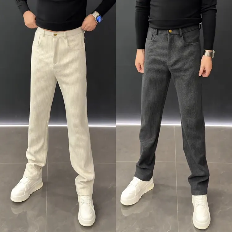 男士商务休闲裤2025冬季新款百搭气质条纹直筒裤时尚潮流修身男裤