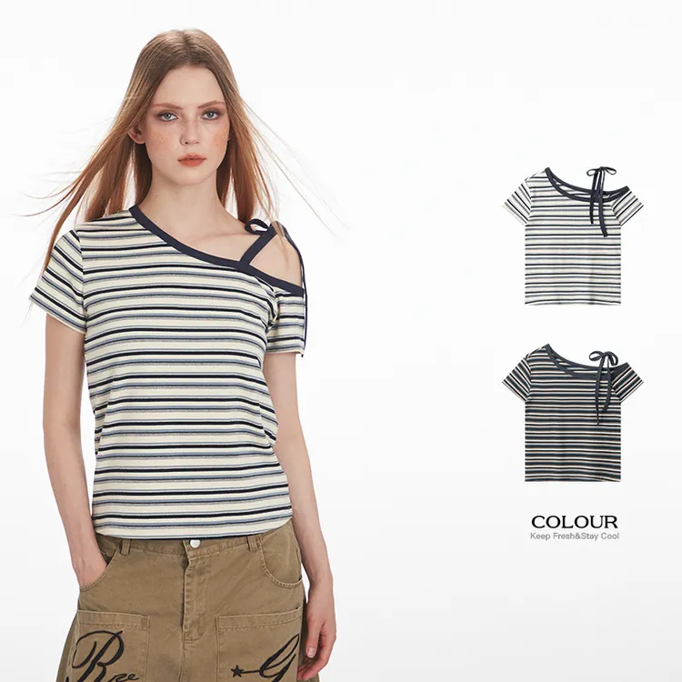 夏季百搭时尚显瘦韩版小众设计感夏装恤 | 美式复古斜肩