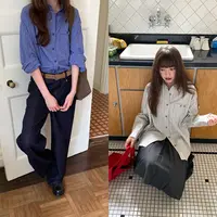 RAINY 韩系贴袋宽松落肩条纹长袖衬衫春秋女百搭复古蓝色衬衣上衣
