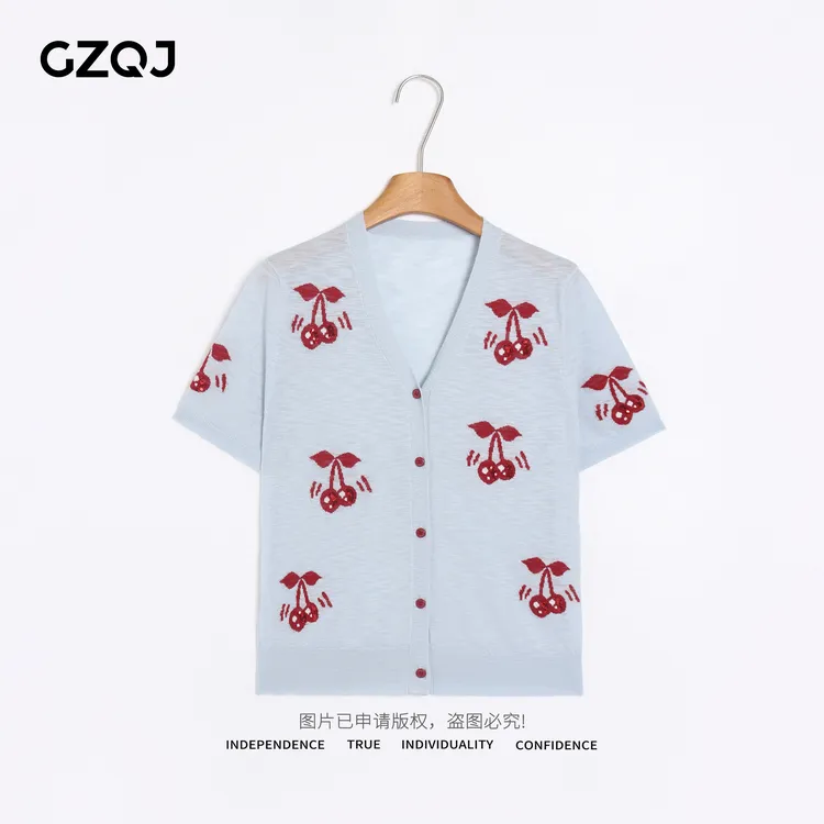 老琴私服【小樱桃】欧若风时尚甜美百搭樱桃V领短袖针织开衫女80726