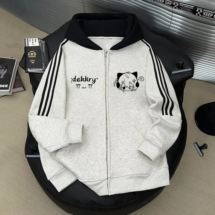 美式个性卡通印花卫衣秋冬季休闲百搭拉链外套三条杠连帽情侣开衫