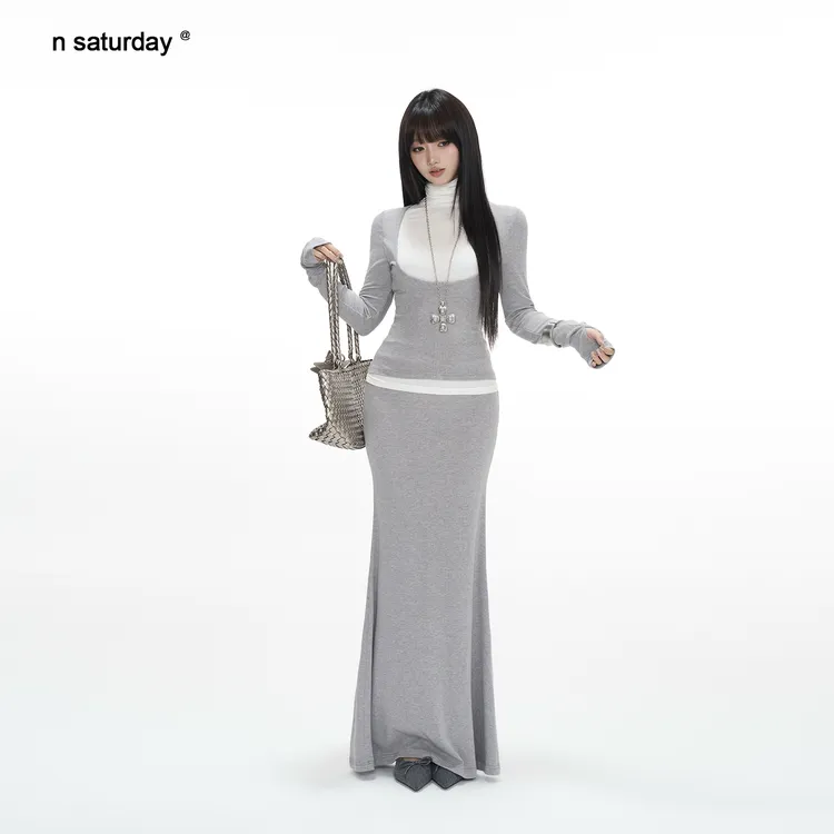 【下周六】加厚灰色裙子假两件长袖高领上衣鱼尾半身裙套装女秋冬