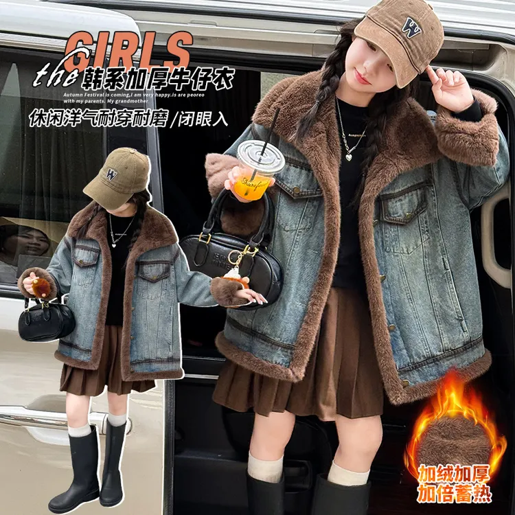 女童秋冬加毛加厚牛仔外套新款6-12岁潮酷中大儿童加厚保暖派克服