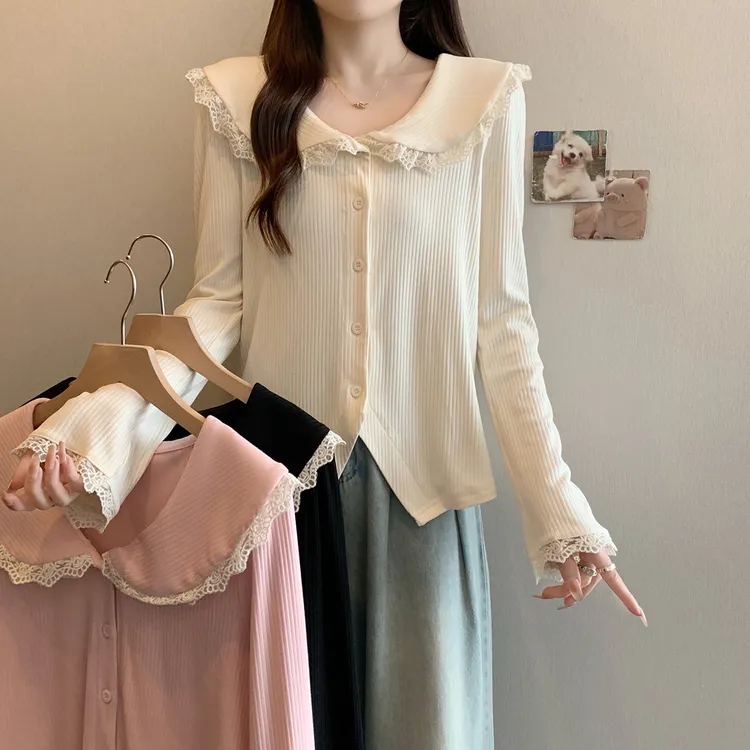 清大码女2025年秋季蕾丝拼接长袖衬衫娃娃脸气质百搭上衣63958