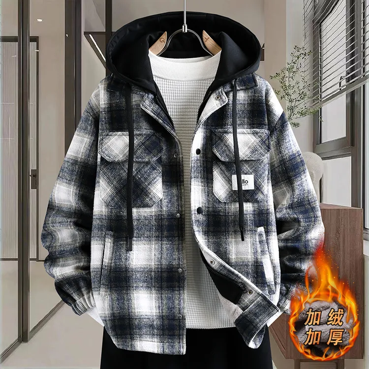 2025冬季新款加绒加厚棉服男士宽松格子帅气青年保暖棉袄潮流外套