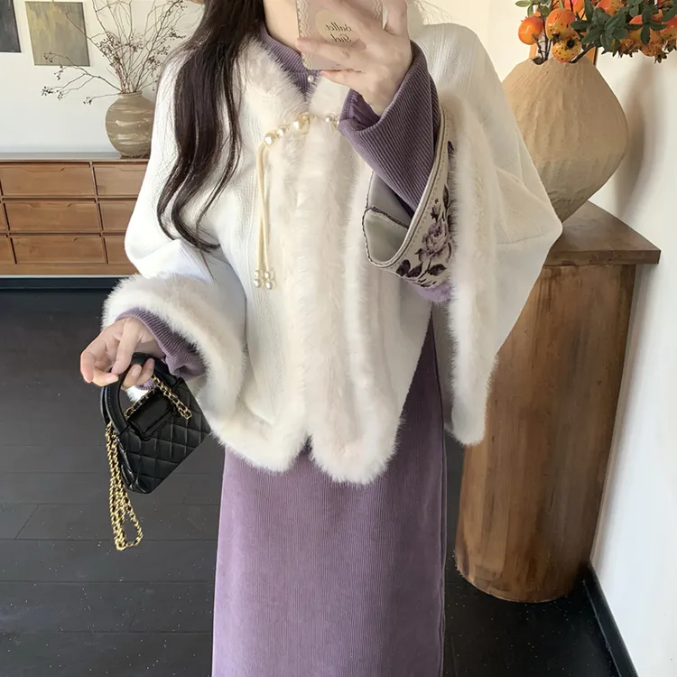 大码胖mm复古加绒加厚旗袍连衣裙毛毛斗篷披肩套装冬款新中式长裙