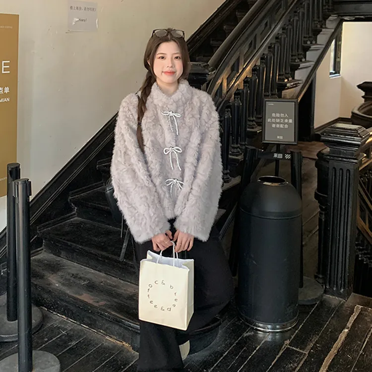 韩系百搭毛毛外套2025年新款蝴蝶结环保毛毛显瘦毛毛外套