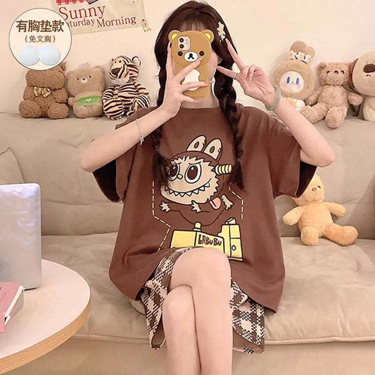 GPSUNLU纯棉带胸垫睡衣女款夏季短袖2025新款大码200斤家居服套装