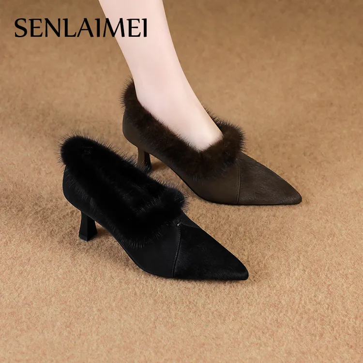 WL;新款毛鞋9956尖头细跟33-40舒适冬季深口单鞋保暖加绒加厚女鞋