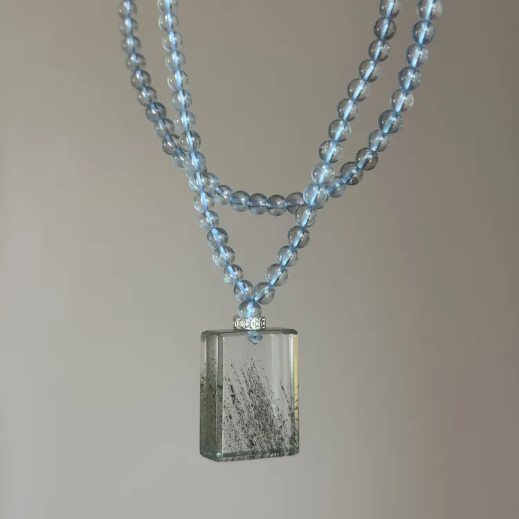 天然绿幽灵无事牌项链冰体海蓝宝项链三圈手链