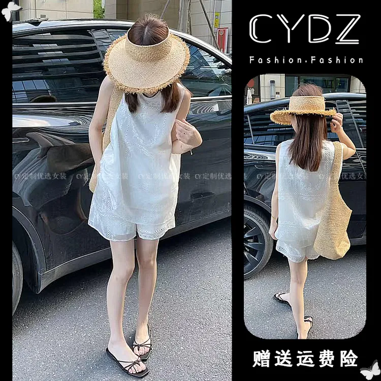 巨好看的两件套夏装一整套绝美漂亮设计感蕾丝无袖衬衫+短裤套装