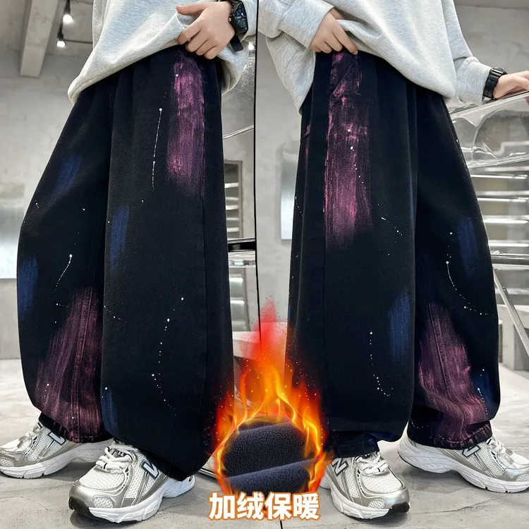 儿童装男童冬装加绒牛仔裤2025新款中大童酷帅个性加厚一体绒裤子