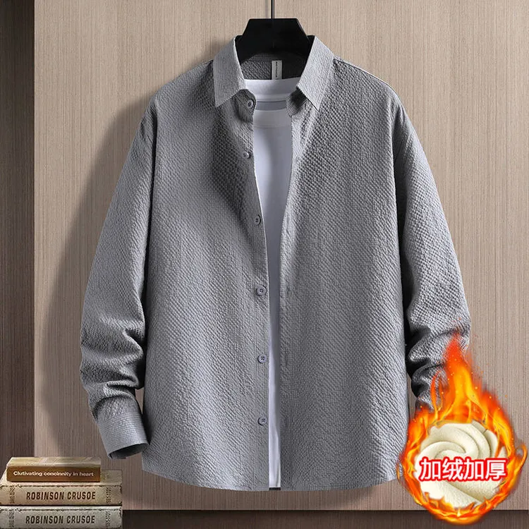 纯色秋冬新款潮牌加绒加厚长袖衬衫男士衬衣宽松翻领休闲痞帅外套