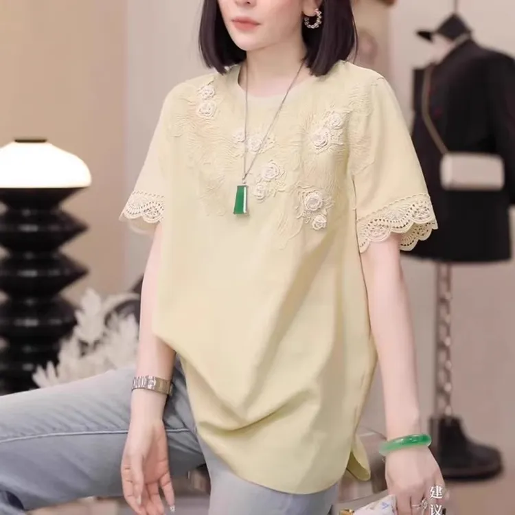大码立体花朵短袖t恤女夏季胖MM宽松显瘦高级感蕾丝花边上衣-5955