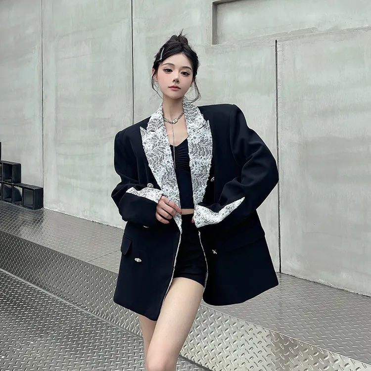 现代风个性时尚秋季西装外套蕾丝拼接设计感小众宽松垫肩西服上衣