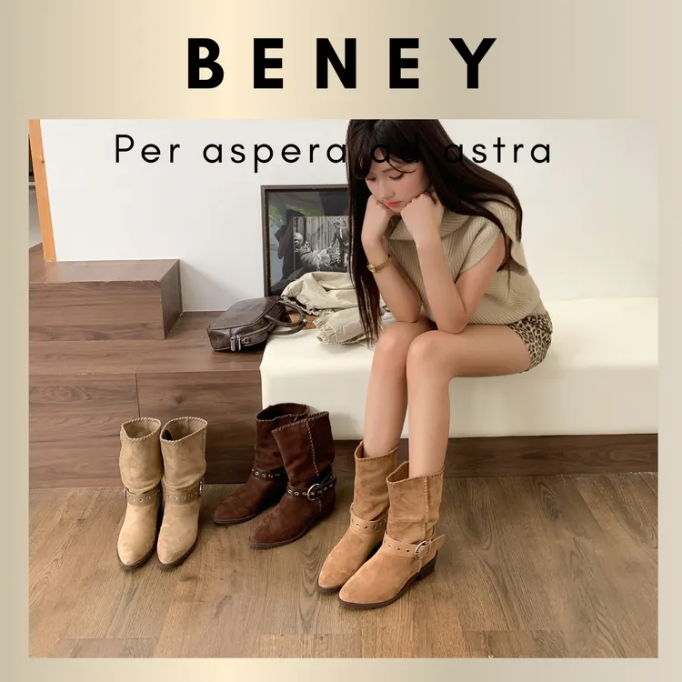 Beney松弛感~真皮堆堆靴时装靴中筒百搭短筒筒靴马丁靴冬季显瘦