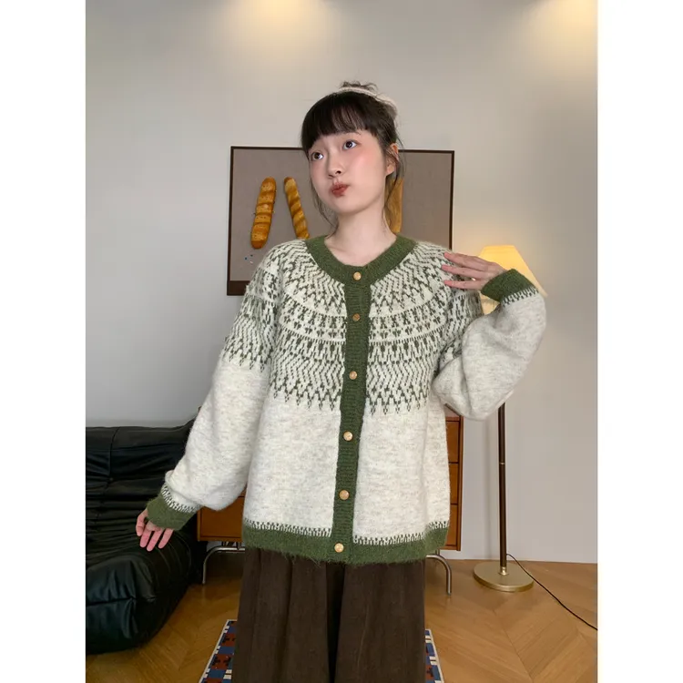 复古费尔岛加厚羊毛软糯毛衣外套女韩版秋冬新款宽松百搭针织开衫