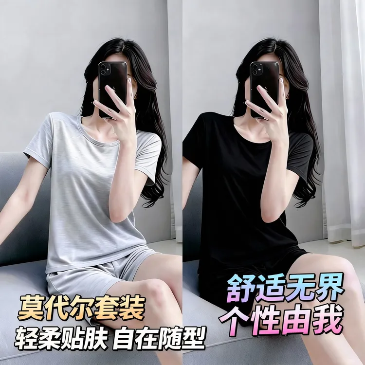 女士睡衣夏季薄款家居服套装莫代尔棉短袖短裤舒适宽松睡觉居家