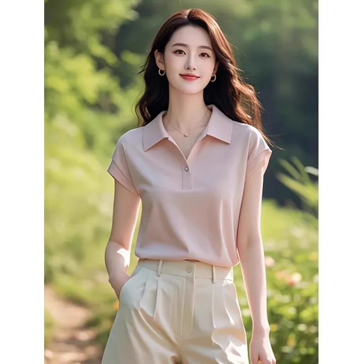 纯色上衣翻领正肩小飞袖t恤女2025年夏新款显瘦短袖减龄洋气上衣
