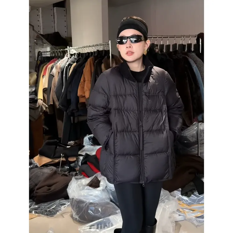 JlNG2025冬季新款韩版宽松针织领拼接羽绒服中长款白鸭绒休闲外套