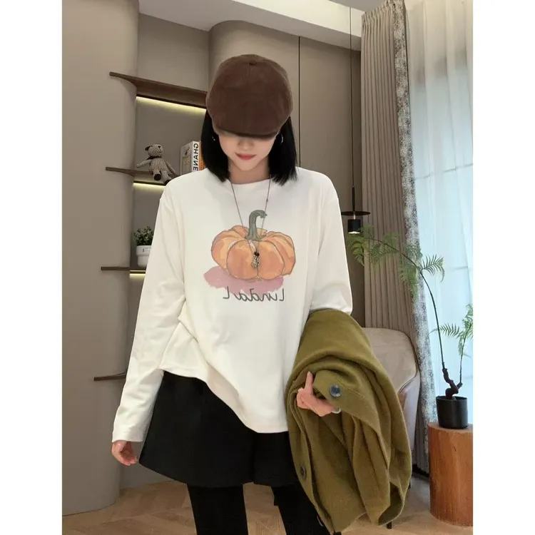 秋季油画南瓜绒感宽松套头长袖T恤5-9-18