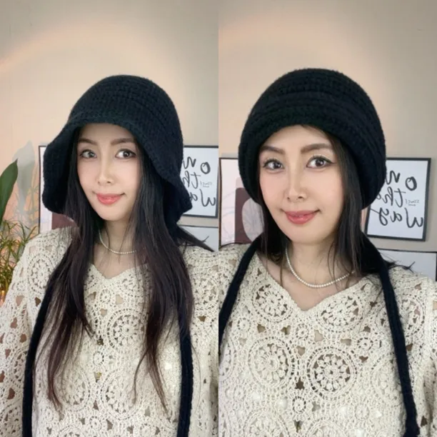 2025秋冬新款混纺一帽多戴女士针织帽子冷帽加长流苏辨子帽