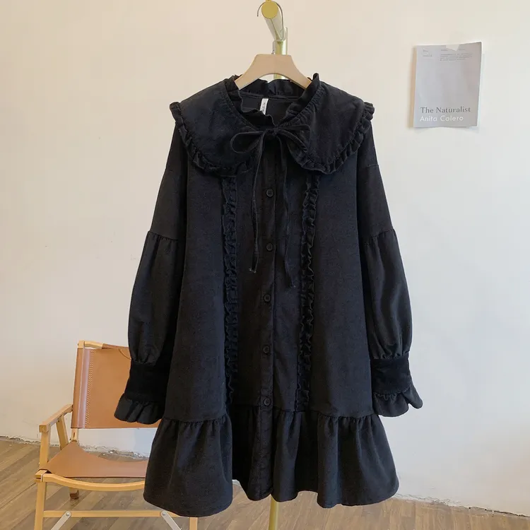 千金小姐Y4064灯芯绒木耳边全开扣可脱卸系带娃娃领连衣裙