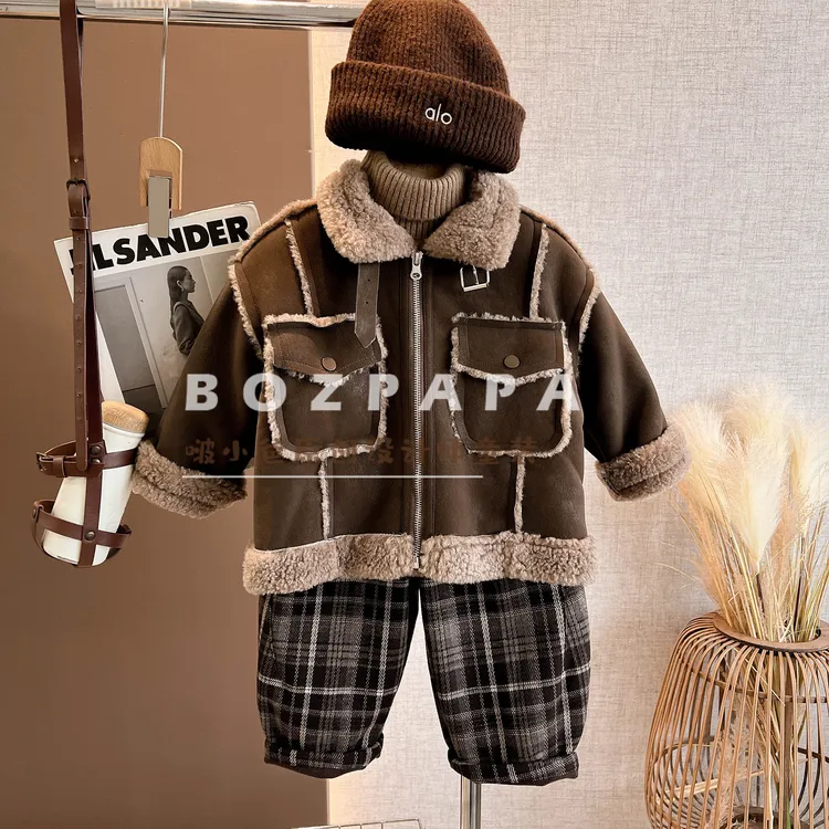 啵小爸【流浪晚霞】2025冬季新款拉链大口袋毛毛加绒加厚皮外套