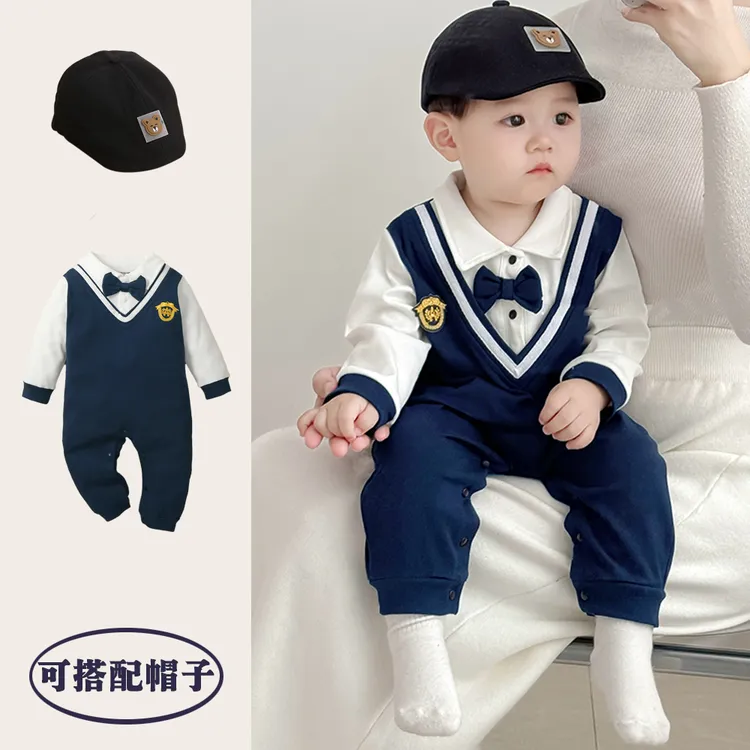 学院风宝宝连体衣春秋款宝宝爬爬服假两件男童秋装薄款纯棉长袖