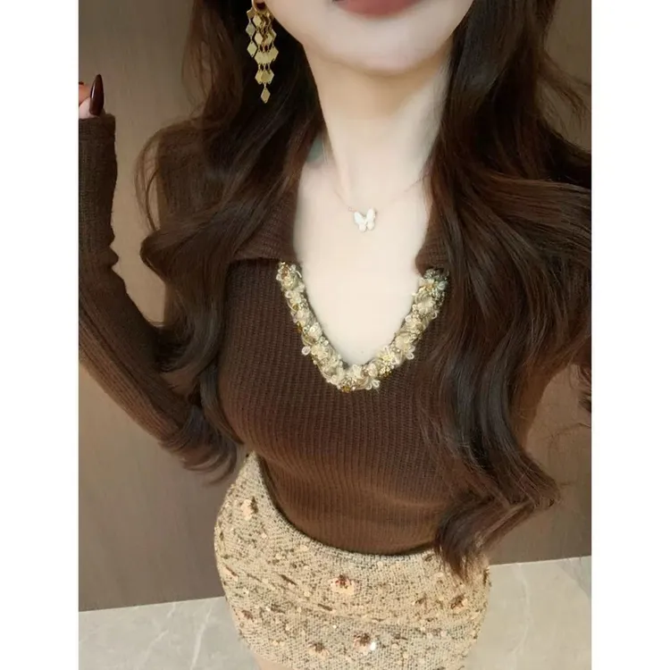 美拉德辣妹风穿搭冬季2025新款时尚翻领设计感长袖针织打底上衣