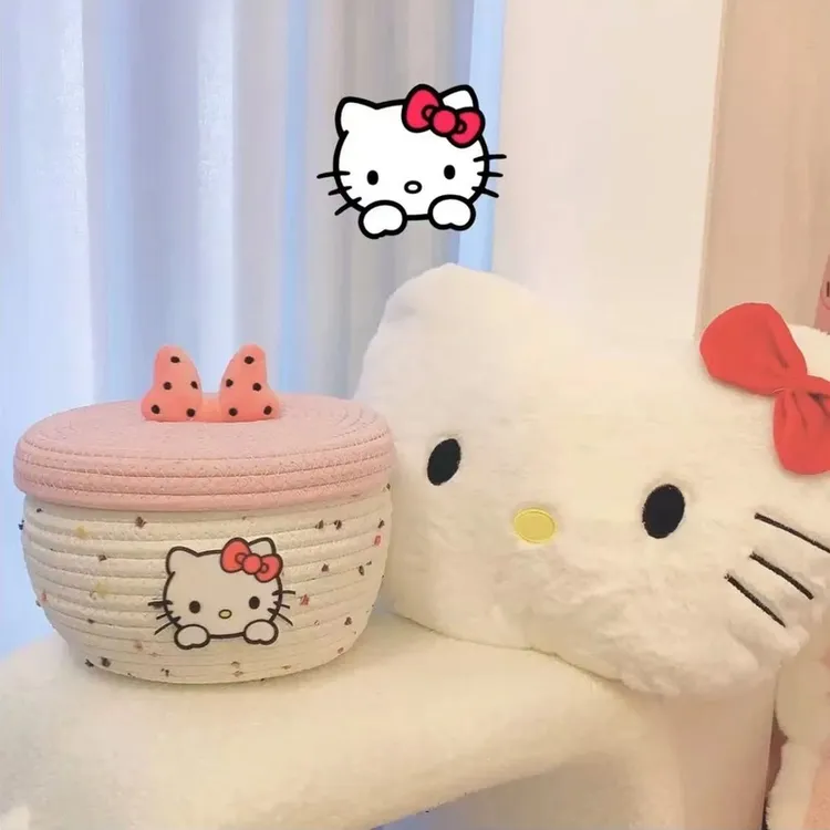 桌面编织卡通可爱有盖收纳筐出租屋化妆品钥匙玄关棉绳杂物零食筐
