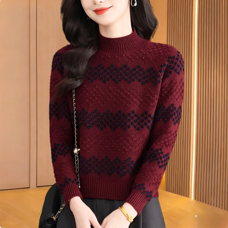 秋冬新款2025半高领条纹毛衣优雅宽松时尚洋气圆领上衣针织衫加厚