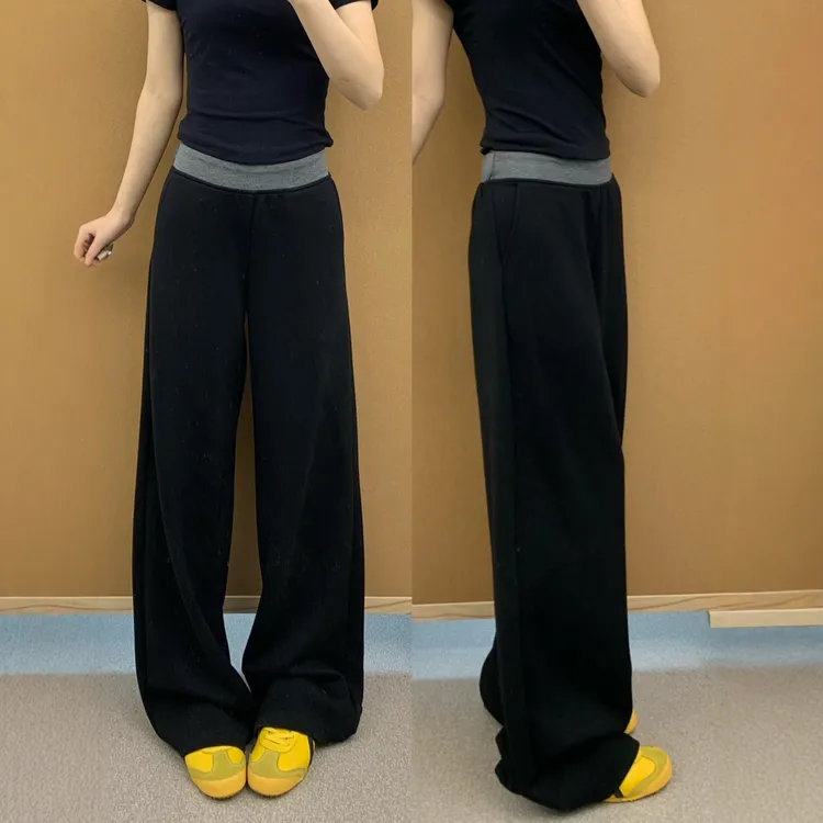 黑色拼接阔腿休闲裤女秋季新款大码胖mm高腰显瘦遮胯宽松运动卫裤