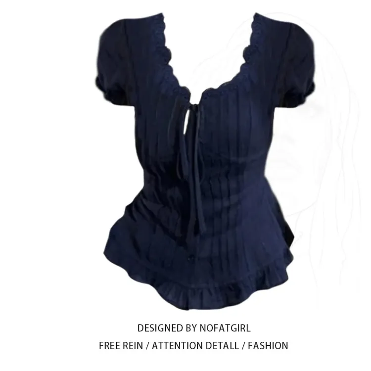 大码胖MM法式复古木耳边泡泡袖衬衫女夏季新款收腰显瘦设计感上衣