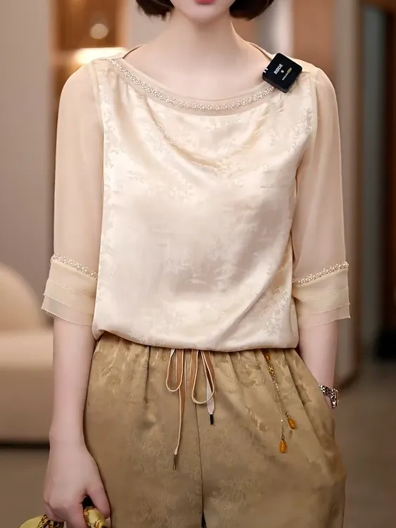轻奢名媛风提花圆领百搭衬衫2025夏季新款气质优雅七分袖显瘦衬衣