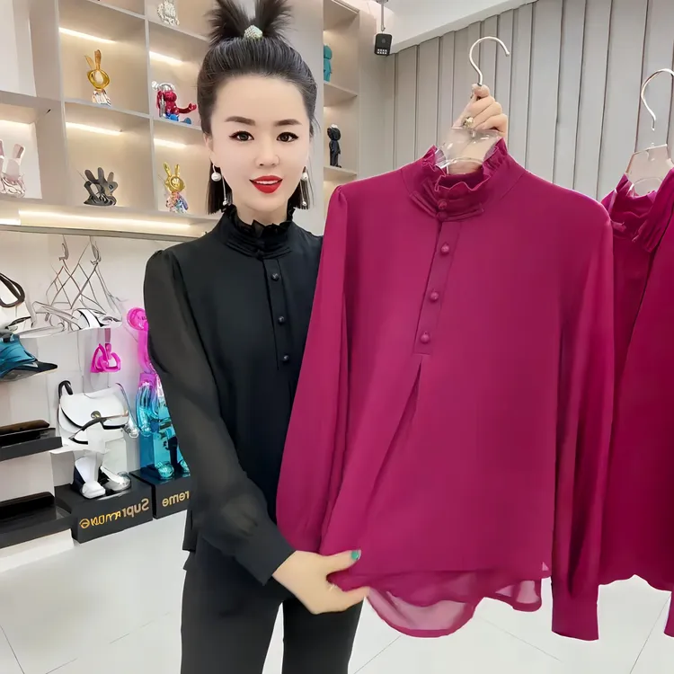 OGS【正版】纯色风拼接半高领长袖雪纺衫宽松百搭女士气质显瘦上衣