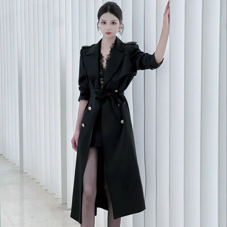 2025春秋季新款气质收腰显瘦翻领系带双排扣长袖中长款黑色风衣