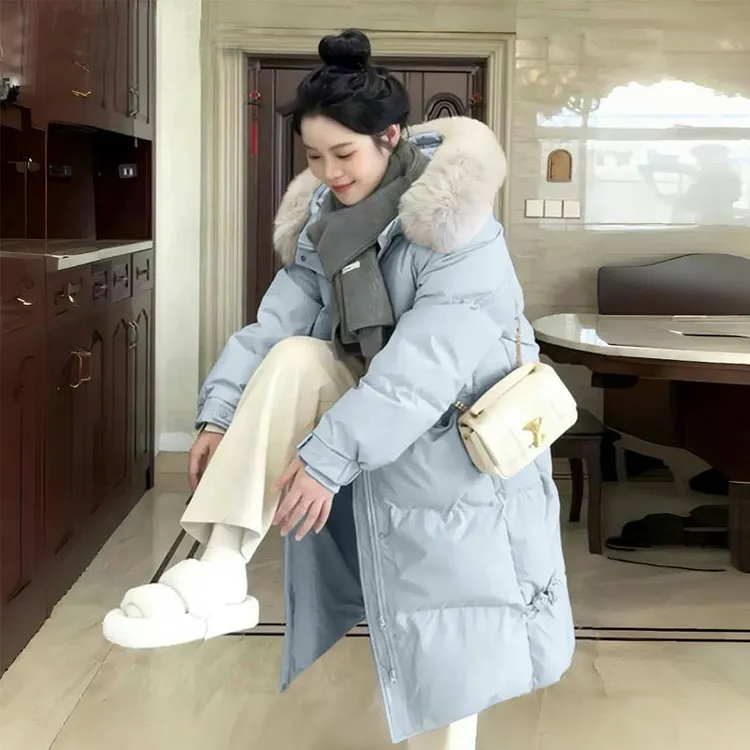 中长款棉服女2025年冬季新款加厚韩系大毛领棉衣宽松连帽棉袄外套