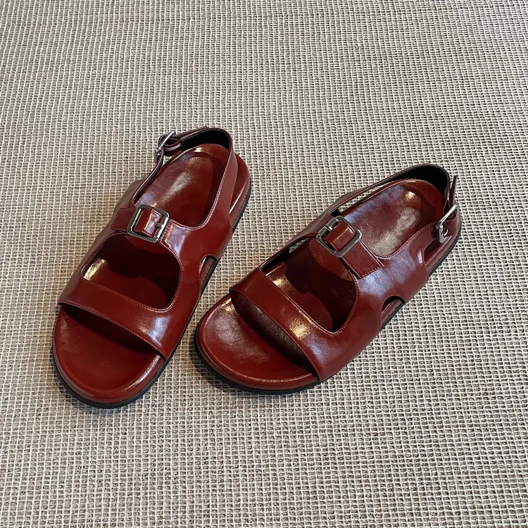 羊皮版~复古皮带扣勃肯鞋露趾一字凉拖鞋外穿百搭沙滩平底罗马鞋