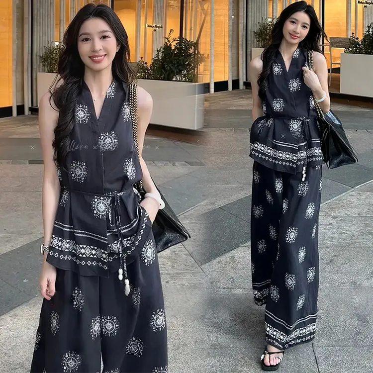 复古时尚印花套装女夏季新款洋气收腰无袖上衣高腰阔腿裤两件套潮