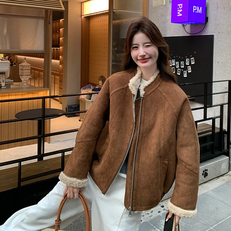 2024冬季新款麂皮绒美拉德风加厚羊羔毛复古年轻时尚韩版皮草外套
