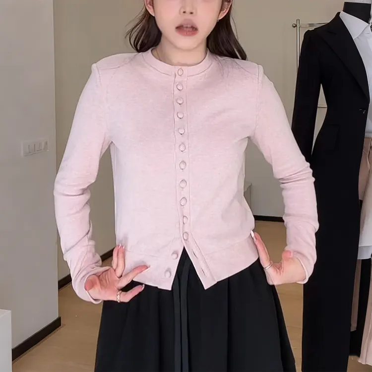 甜美温柔风粉色圆领长袖卫衣开衫女2025秋冬季新款修身短款上衣潮
