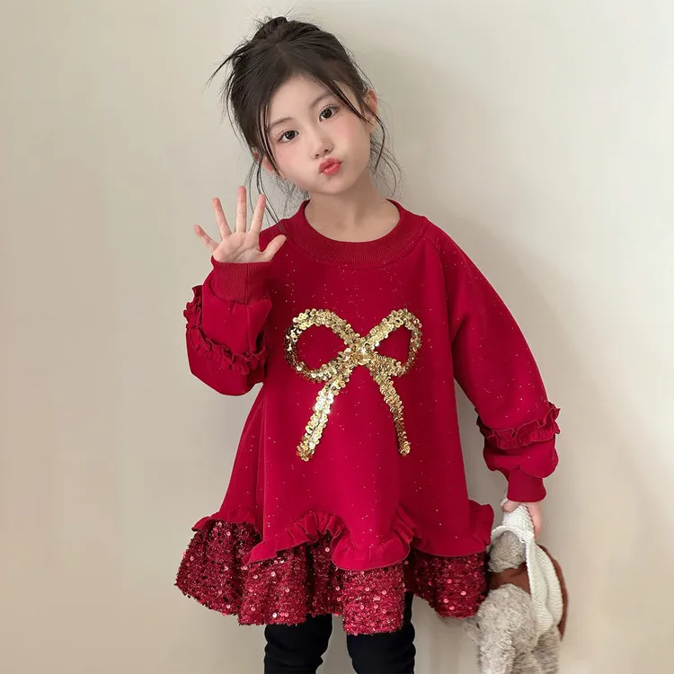 女童加绒连衣裙秋冬装2026新款儿童蝴蝶结卫衣裙女宝宝红色拜年服