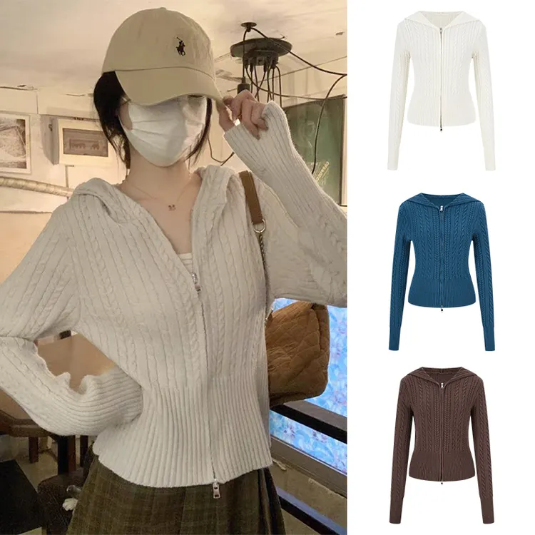 Moses Queen/魔西女王温柔风麻花连帽针织开衫慵懒双拉链毛衣外套