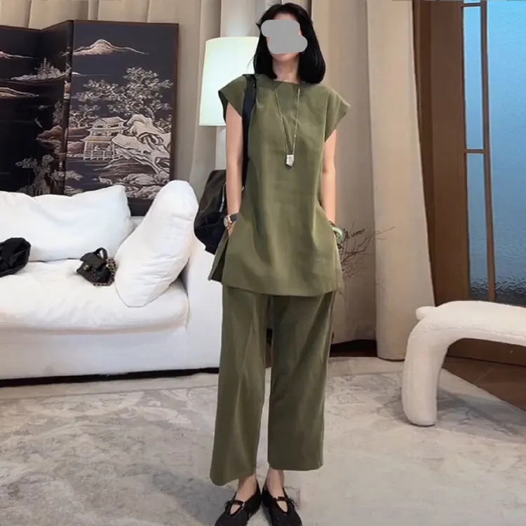 欧洲站时尚减龄套装女2025夏季新款纯色无夏季复古衬衫阔腿裤套装
