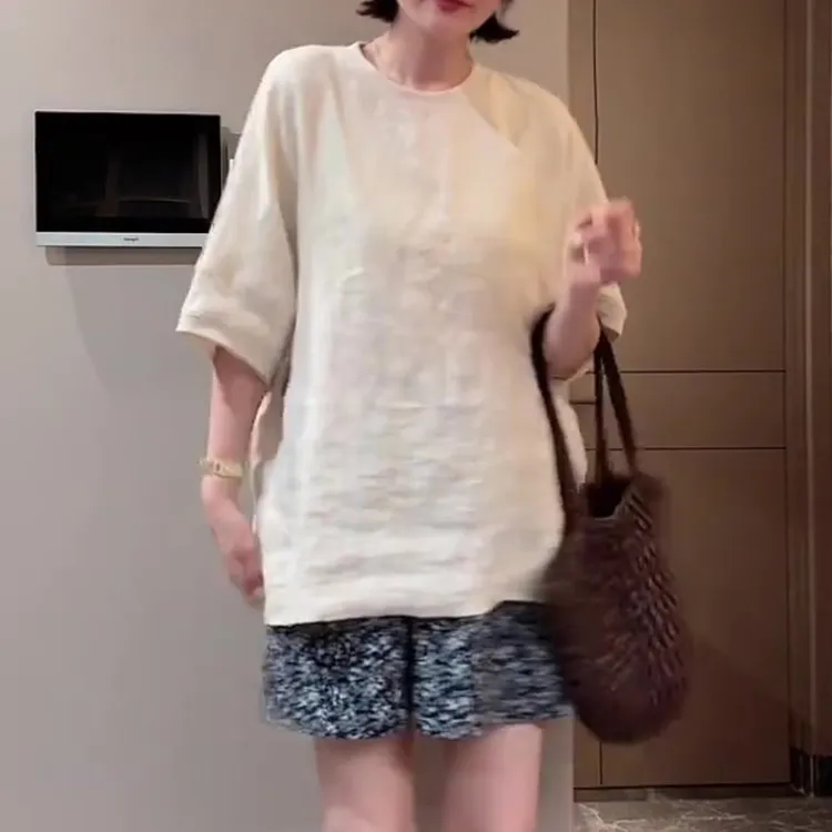 2025夏季薄款大码女装纯色圆领五分袖T恤胖妹妹显瘦宽松麻上衣