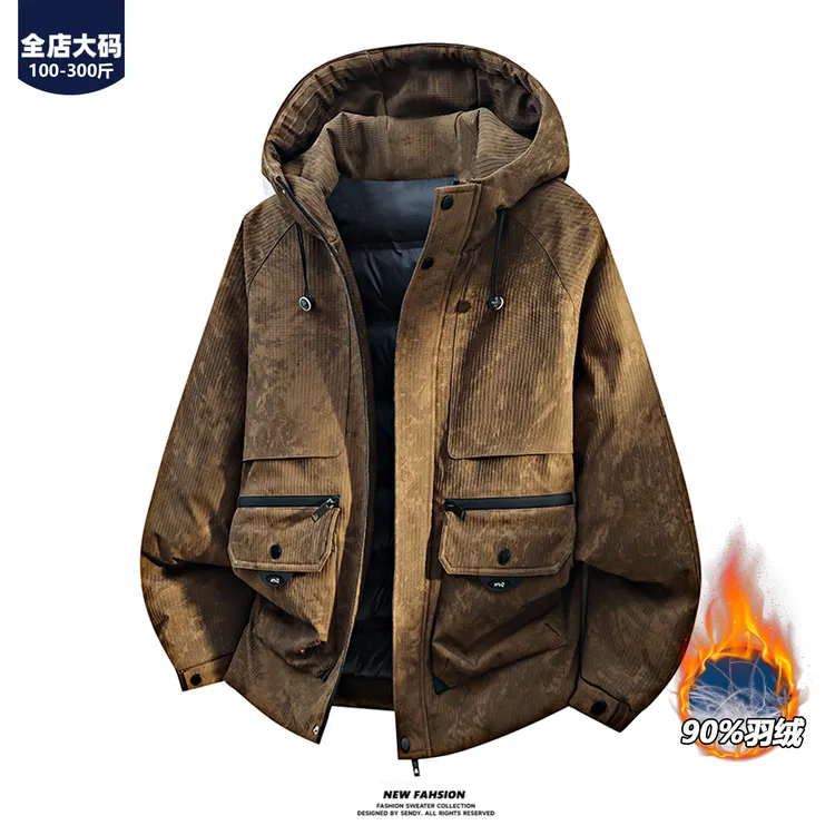 胖胖森大码迷彩工装羽绒服男士冬季户外休闲连帽宽松加厚保暖外套