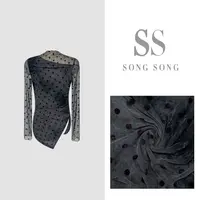 SONG-【灰色智趣】秋款定制波点网纱植绒显瘦长袖上衣