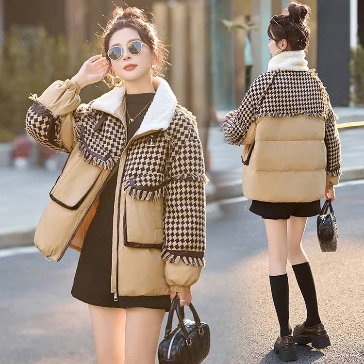 短款羽绒服女2024冬季新款高级感超好看拼接格子保暖白鸭绒厚外套