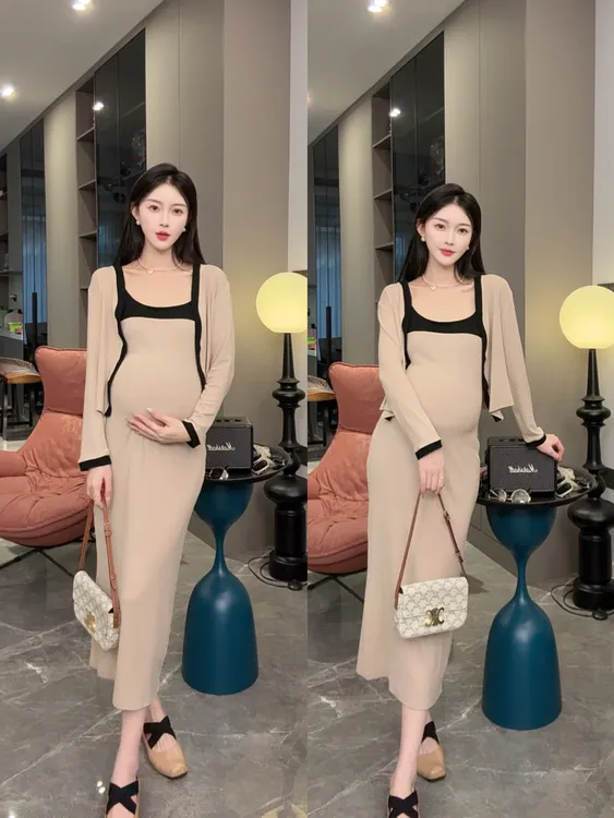 孕妇装春秋装针织开衫时尚套装纯欲风吊带连衣裙INS风休闲两件套